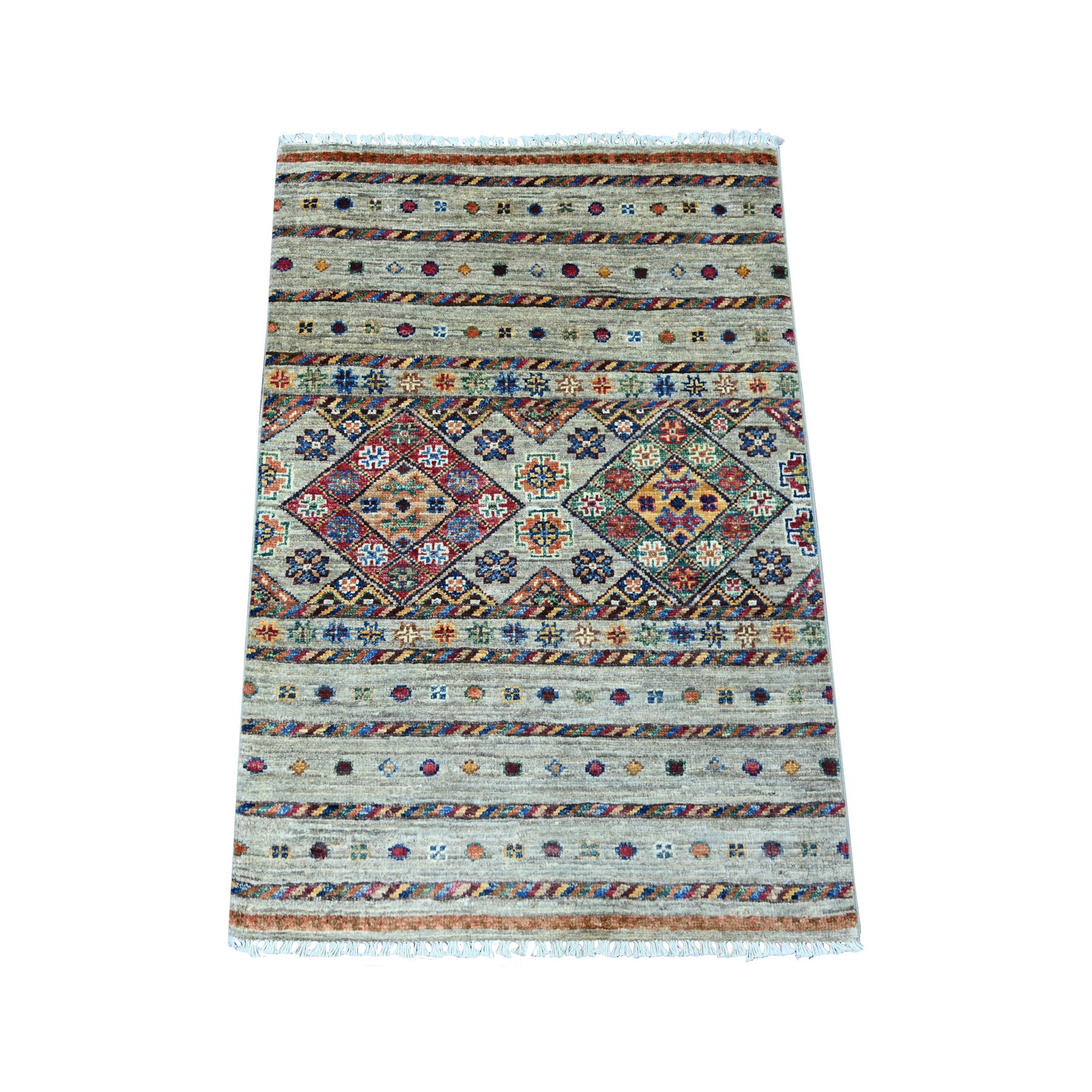 Stone Gray, Afghan Super Kazak with Khorjin Design, Hand Knotted, Soft and Velvety Wool, Vegetable Dyes, Sample, Mat, Oriental Rug